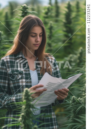 Young Caucasian woman holds documents to examine marijuana plants in outdoor farm. Young Caucasian woman holds documents to examine marijuana plants in outdoor farm. 112233241