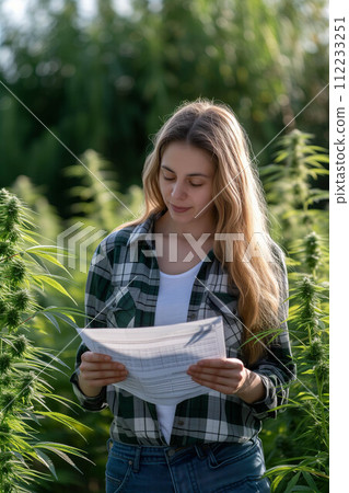 Young Caucasian woman holds documents to examine marijuana plants in outdoor farm. Young Caucasian woman holds documents to examine marijuana plants in outdoor farm. 112233251