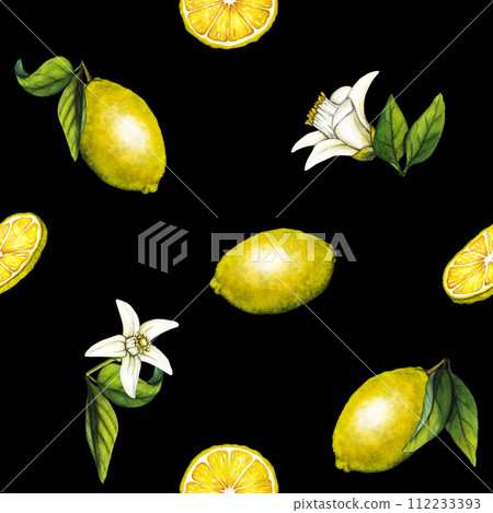 Watercolor seamless pattern with yellow lemons fruits, leaves and flowers. Fruit repeated background. bright print for fabric or wallpaper. Hand drawn illustration of yellow citrus fruits Watercolor seamless pattern with yellow lemons fruits, leaves and flowers. Fruit repeated background. bright print for fabric or wallpaper. Hand drawn illustration of yellow citrus fruits 112233393