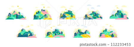 Small Town Scenes with House on Hills with Tree Vector Set 112233453