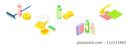 Household Cleaning Equipment and Object for Cleanup Isometric Vector Set 112233465