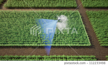 Agriculture drone using lidar scanning to spray fertilizer on the tomato fields, Innovation of smart farming concept, 3d render 112233498