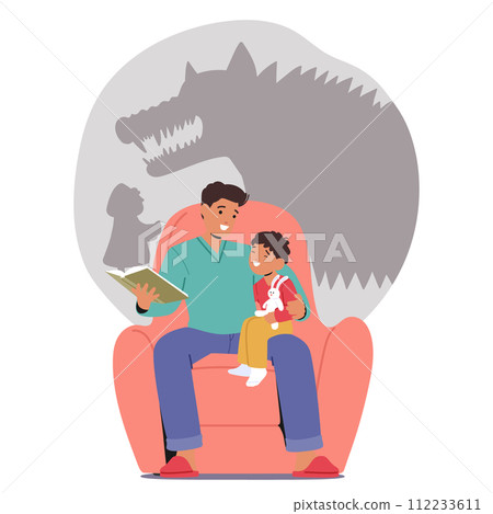 Dad And His Kid Family Characters Snuggle In An Armchair, A Fairy Tale Book Open Before Them, As He Reads Aloud Dad And His Kid Family Characters Snuggle In An Armchair, A Fairy Tale Book Open Before Them, As He Reads Aloud 112233611