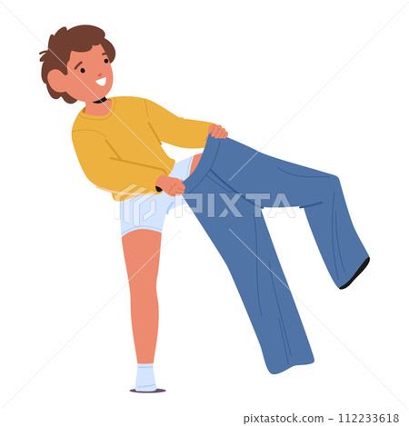 Little Cheerful Boy Steps Into His Pants One Leg At A Time, Pull Them Up Snugly Around His Waist. Kid Character Dressing 112233618