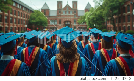 Group of Graduates in Blue Caps and Gowns 112233760