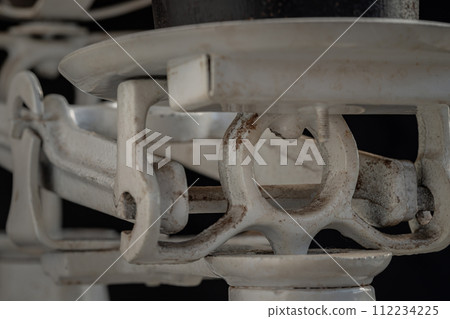Detail of Old obsolete manual weighing scales on dark background. Detail of Old obsolete manual weighing scales on dark background. 112234225