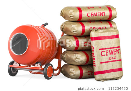 Building and construction, concept. Cement mixer with cement bags. 3D rendering Building and construction, concept. Cement mixer with cement bags. 3D rendering 112234430