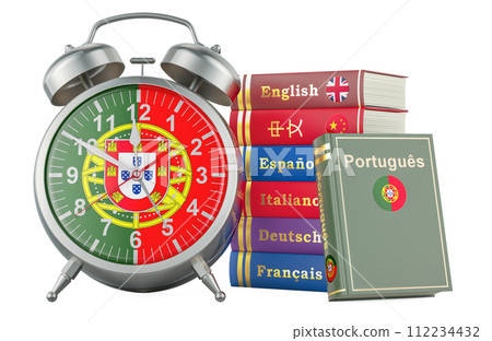 Portuguese course, lessons concept. Books with alarm clock. Time to learn Portuguese language, 3D rendering 112234432