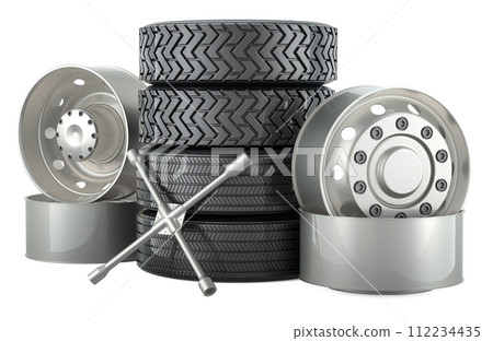 Truck service, concept. Wheels for truck or bus with universal lug wrench. 3D rendering 112234435