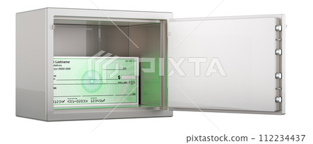 Blank bank check inside combination lock safe, 3D rendering 112234437