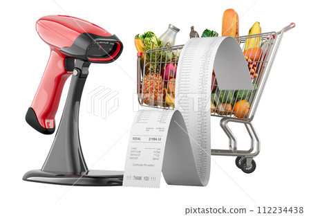 Shopping cart full of products with printed receipt and bar code reader. 3D rendering Shopping cart full of products with printed receipt and bar code reader. 3D rendering 112234438