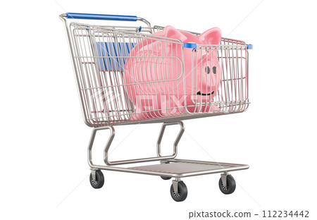 Saving money when shopping, concept. Shopping cart with piggy bank. 3D rendering 112234442