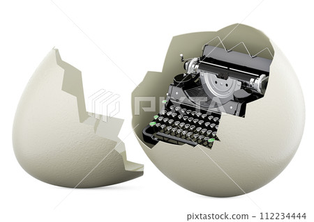 Typewriter inside broken chicken egg. Birth of writer or book, concept. 3D rendering Typewriter inside broken chicken egg. Birth of writer or book, concept. 3D rendering 112234444