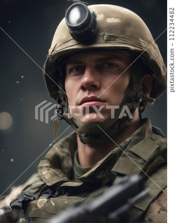 Photography of an ultra realistic Soldier in dramatic light Photography of an ultra realistic Soldier in dramatic light 112234482