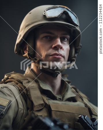Photography of an ultra realistic Soldier in dramatic light 112234484