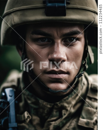 Photography of an ultra realistic Soldier in dramatic light Photography of an ultra realistic Soldier in dramatic light 112234485