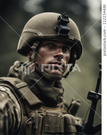 Photography of an ultra realistic Soldier in dramatic light Photography of an ultra realistic Soldier in dramatic light 112234486
