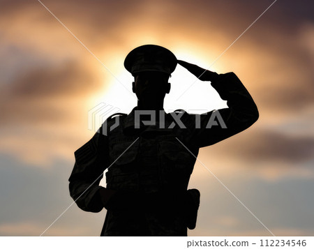 Silhouette Of A Soldier Saluting During Sunset 112234546