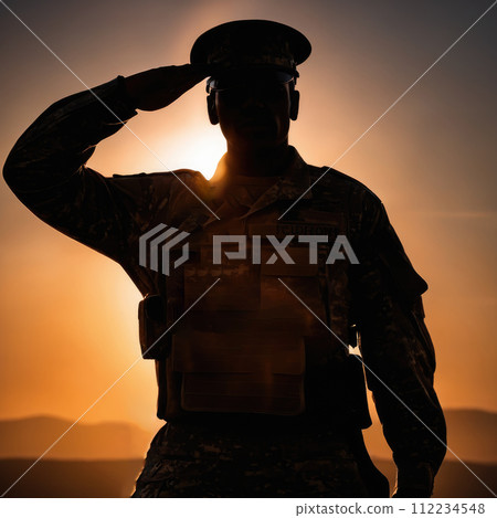 Silhouette Of A Soldier Saluting During Sunset 112234548