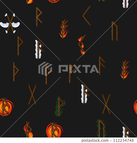 Hand drawn runic letters seamless pattern with elemental symbols. Magic signs and symbols of Scandinavian culture. 112234748