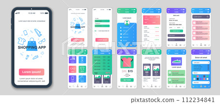 Shopping mobile app screens set for web templates. Pack of profile login, online purchases, discount price sales, product rating. UI, UX, GUI user interface kit for cellphone layouts. Vector design Shopping mobile app screens set for web templates. Pack of profile login, online purchases, discount price sales, product rating. UI, UX, GUI user interface kit for cellphone layouts. Vector design 112234841