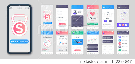 Fitness mobile app screens set for web templates. Pack of user profile, wight or pulse information, online maps, calendar, exercise. UI, UX, GUI user interface kit for cellphone layouts. Vector design Fitness mobile app screens set for web templates. Pack of user profile, wight or pulse information, online maps, calendar, exercise. UI, UX, GUI user interface kit for cellphone layouts. Vector design 112234847