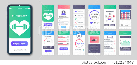 Fitness mobile app screens set for web templates. Pack of sports list, steps counter, wight or pulse information, exercise progress. UI, UX, GUI user interface kit for cellphone layouts. Vector design 112234848