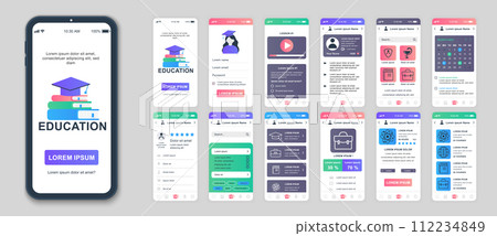 Education mobile app screens set for web templates. Pack of student profile, online lessons, science learning, progress statistic. UI, UX, GUI user interface kit for cellphone layouts. Vector design 112234849