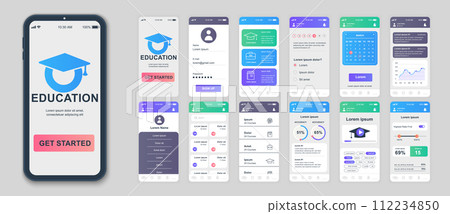 Education mobile app screens set for web templates. Pack of student profile, learning courses, calendar, online lessons, progress. UI, UX, GUI user interface kit for cellphone layouts. Vector design 112234850