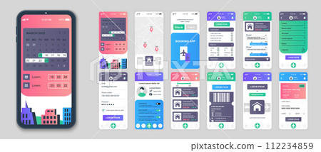 Booking mobile app screens set for web templates. Pack of searching hotel room, online ordering flight tickets, payment in account. UI, UX, GUI user interface kit for cellphone layouts. Vector design 112234859