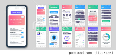 Banking mobile app screens set for web templates. Pack of credit card information, financial management, online payments menu. UI, UX, GUI user interface kit for cellphone layouts. Vector design Banking mobile app screens set for web templates. Pack of credit card information, financial management, online payments menu. UI, UX, GUI user interface kit for cellphone layouts. Vector design 112234861