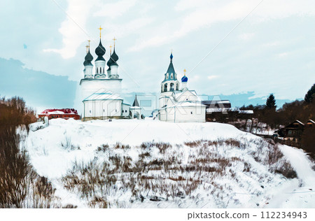Drone view on small old women's monastery in Murom (Russian province) (Resurrection othodox monastery) Drone view on small old women's monastery in Murom (Russian province) (Resurrection othodox monastery) 112234943