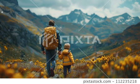 Man and Child Walking Up a Hill Man and Child Walking Up a Hill 112235218