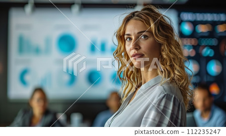 Woman With Blue Eyes Sitting in Front of Group of People 112235247