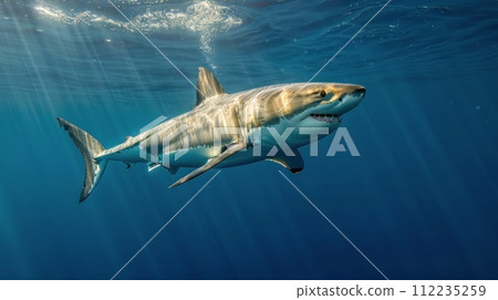 Great White Shark Swimming in the Ocean 112235259