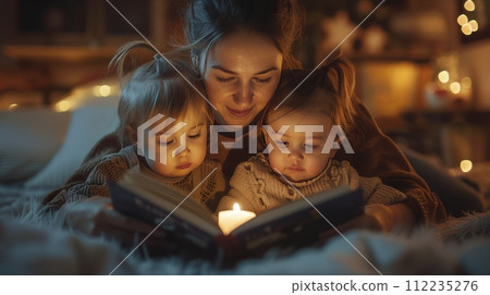 Woman Reading Book to Two Children 112235276