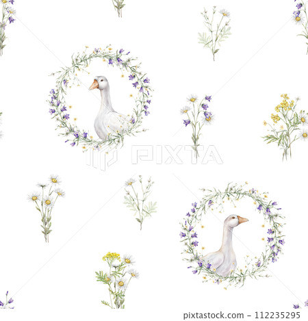 Seamless pattern with wreath of buttercup and flower and bluebell. Domestic watercolor goose. Watercolor hand painting illustration on isolate. Circlet of meadow flowers. Botanical summer wildflowers. Seamless pattern with wreath of buttercup and flower and bluebell. Domestic watercolor goose. Watercolor hand painting illustration on isolate. Circlet of meadow flowers. Botanical summer wildflowers. 112235295