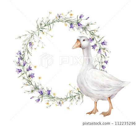 Wreath of yellow buttercup and little flower and violet bluebell. Domestic watercolor goose. Watercolor hand painting illustration on isolate. Circlet of meadow flowers. Botanical summer wildflowers. 112235296