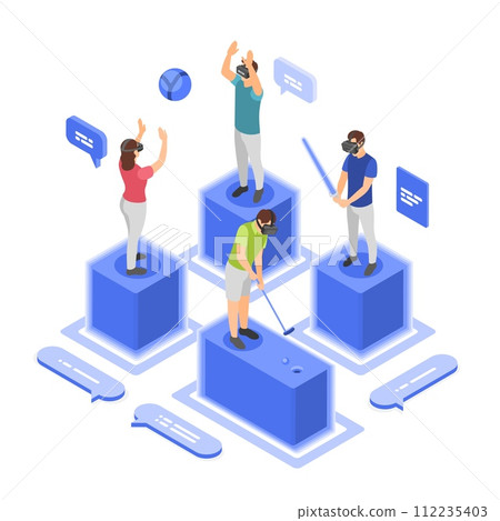 Isometric virtual reality communication. Ai technologies, people in vr glasses. Digital person play ball and golf and talking. Remote talk, flawless vector scene Isometric virtual reality communication. Ai technologies, people in vr glasses. Digital person play ball and golf and talking. Remote talk, flawless vector scene 112235403