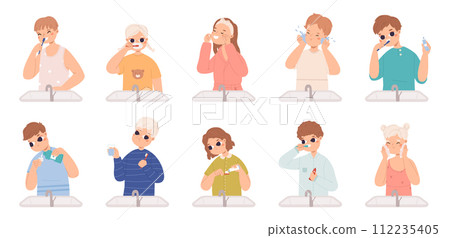 Children brushing teeth. Hygiene routine at morning or evening. Brush tooth and clean face with foam and water. Procedure in bathroom snugly vector set 112235405