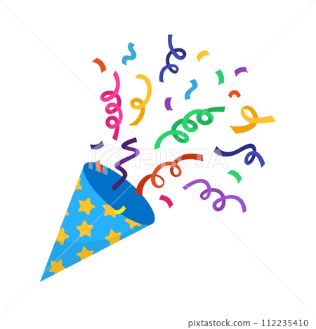 Party popper explosion. Festive hat with colorful confetti, birthday celebrating element. Exploding clapperboard, cartoon decorative neoteric vector icon 112235410