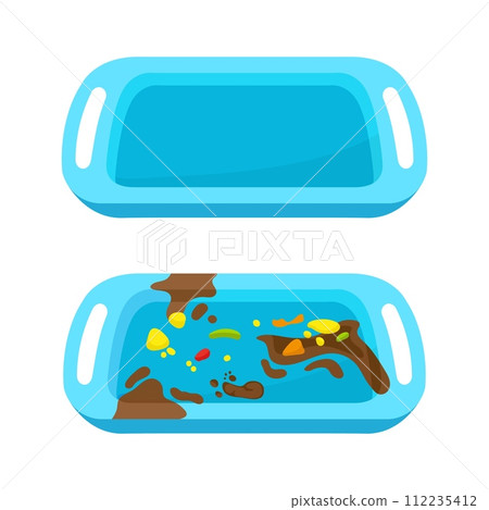 Cartoon isolated dirty and clean tray. School canteen blue plastic equipment. Dish rack with stains and food debris. Caterer tool neoteric vector elements 112235412