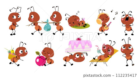 Funny ant. Isolated little ants different emotions. Cute insects working and resting, sleeping and moving. Childish cartoon mascots, nowaday vector set 112235417