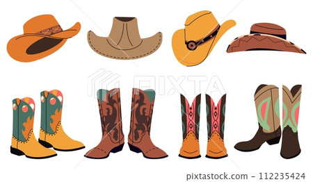 Cowboy hats and boots. Isolated boot, cowgirl fashion decorative accessories and shoes. Wild west elements design, cartoon decent vector set Cowboy hats and boots. Isolated boot, cowgirl fashion decorative accessories and shoes. Wild west elements design, cartoon decent vector set 112235424