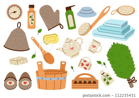 Sauna elements. Spa wellness tools and equipment. Felt hat for hairs protection, towels and tea set. Soap and lotion, body brush, decent vector clipart 112235431