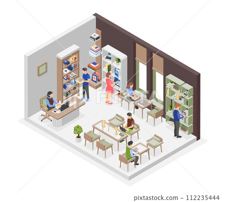 School or university isometric library. Students learning and reading books. Bookshelves, desk and chairs. Bookstore interior, flawless education vector scene School or university isometric library. Students learning and reading books. Bookshelves, desk and chairs. Bookstore interior, flawless education vector scene 112235444
