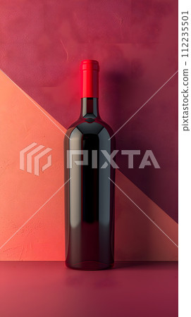 AI-generated content. A glass bottle of red wine with a red cork stopper on a vibrant purple and pink background, an alcoholic beverage in a striking visual display of tints and shades 112235501