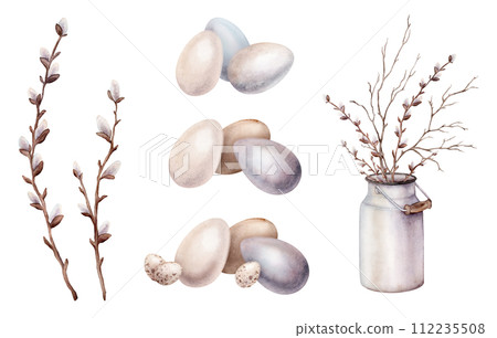 Set of painted eggs and willow branches in metal can for milk. Symbols of Easter celebration. Watercolor hand drawn painting illustration isolated on background. Minimalistic light pastel colors. 112235508