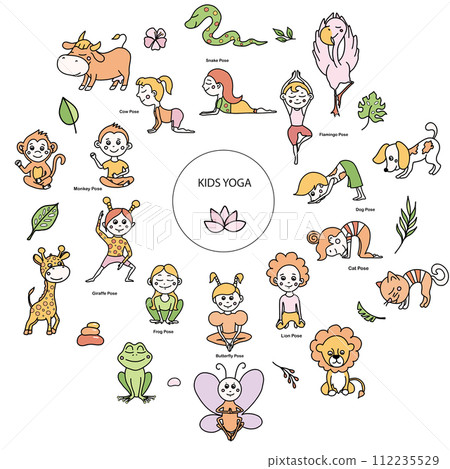 Set of kids yoga animal poses and tropical leaves, flowers, branches. Vector cartoon illustration in doodle style. 112235529