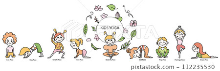 Set of kids yoga animal poses and tropical leaves, flowers, branches. Vector cartoon illustration in doodle style. 112235530